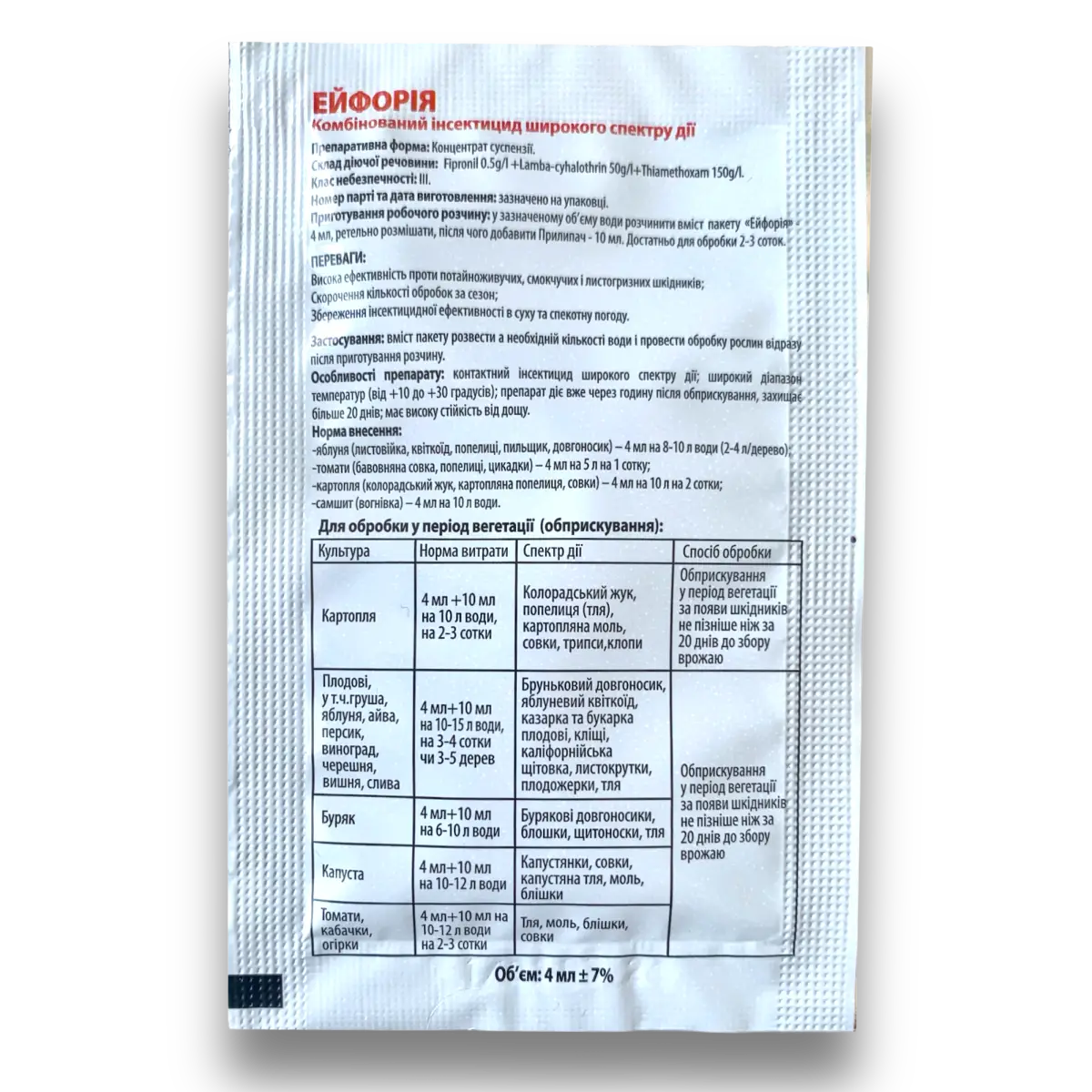 Інсектицид Ейфорія 4 мл + прилипач 10 мл